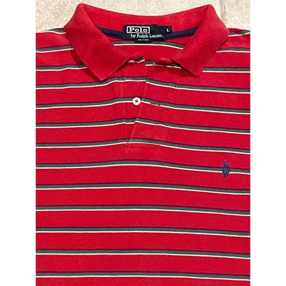 VTG 90s Polo Ralph Lauren  Striped Polo Shirt Made In USA L Red White Blue Green - Picture 1 of 3